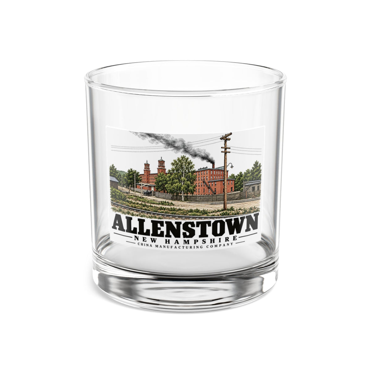China Manufacturing Company mill with rail tracks, Allenstown illustration on 10 oz rocks glass — front view