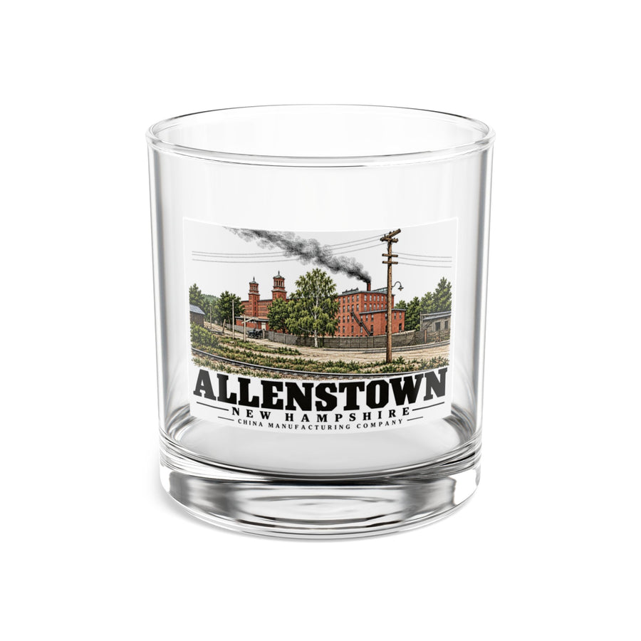 China Manufacturing Company mill with rail tracks, Allenstown illustration on 10 oz rocks glass — front view