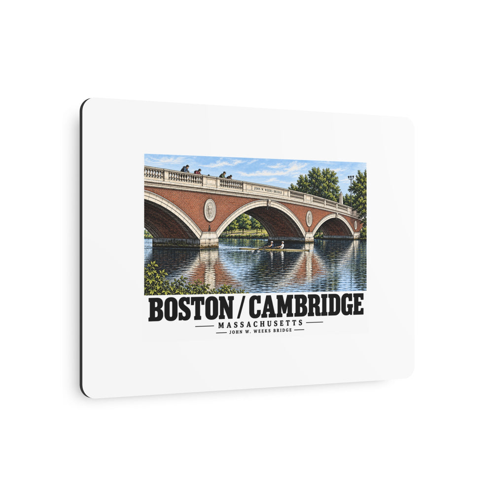 Angled view of John W. Weeks Bridge and scullers metal print with its dark edge visible