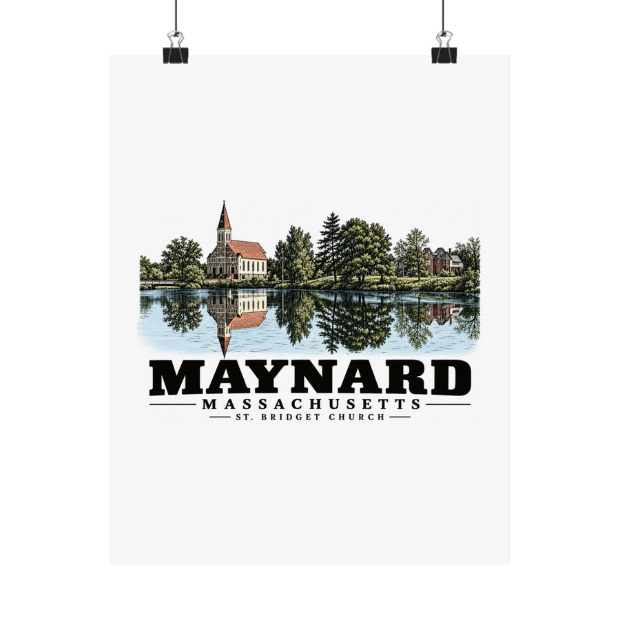 Illustrated St. Bridget Church in Maynard on unframed matte poster