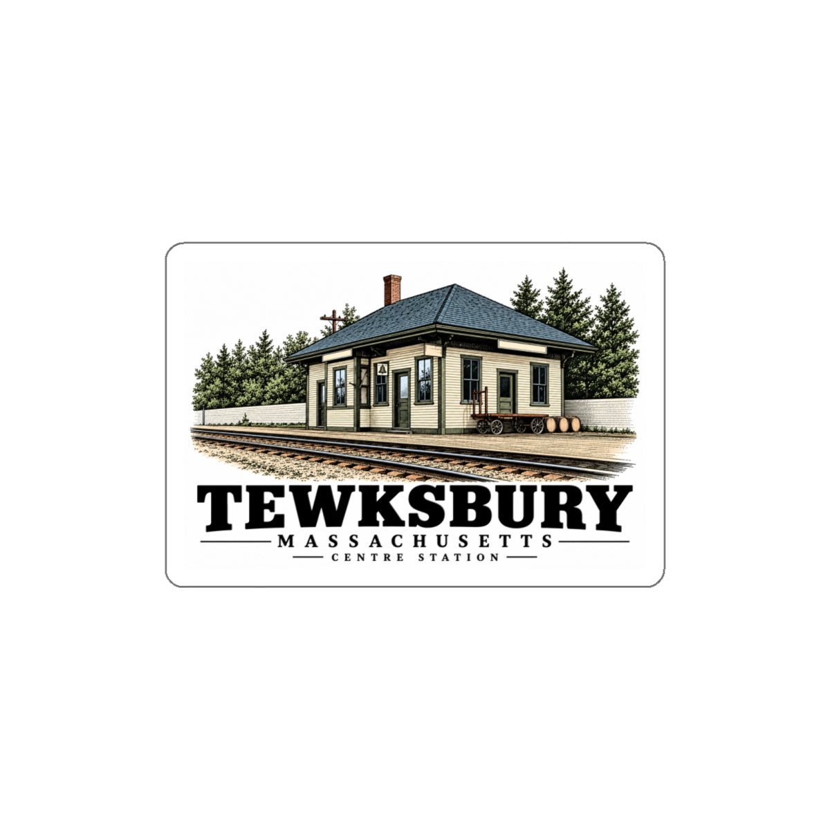 Front of Tewksbury Centre Railroad Station white die-cut sticker, Tewksbury, Massachusetts.