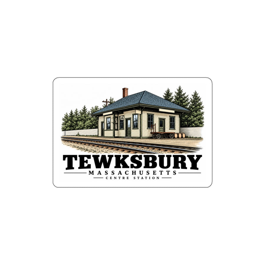 Front of Tewksbury Centre Railroad Station white die-cut sticker, Tewksbury, Massachusetts.