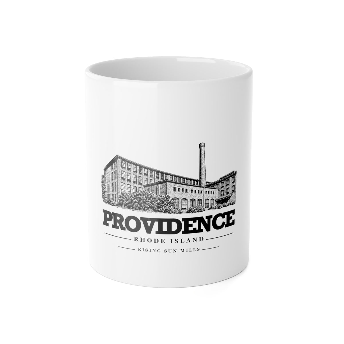 11 oz ceramic mug with Providence Rising Sun Mills artwork, front view