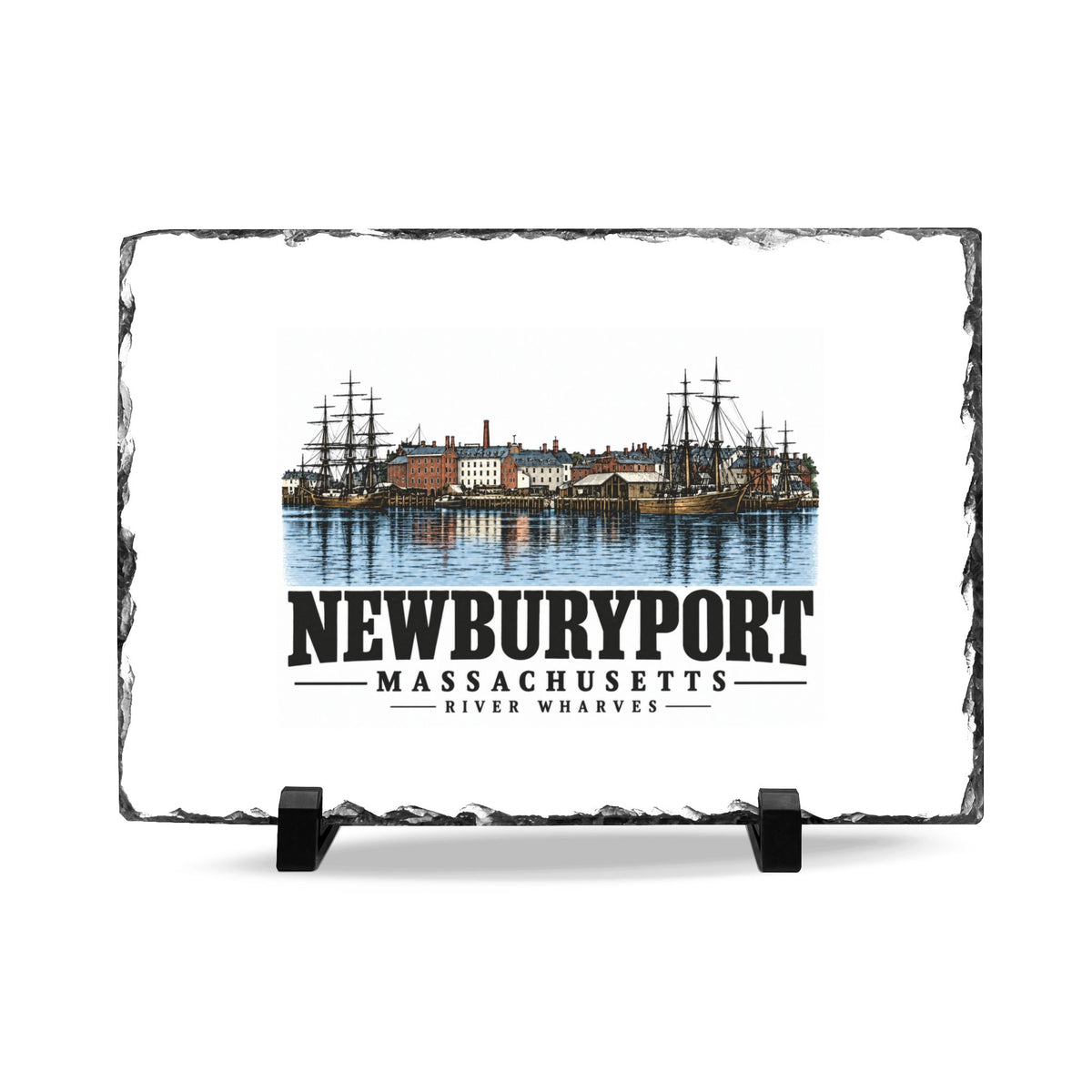 Front on display stands of River Wharves slate desk plaque, with Newburyport, Massachusetts artwork and lettering.