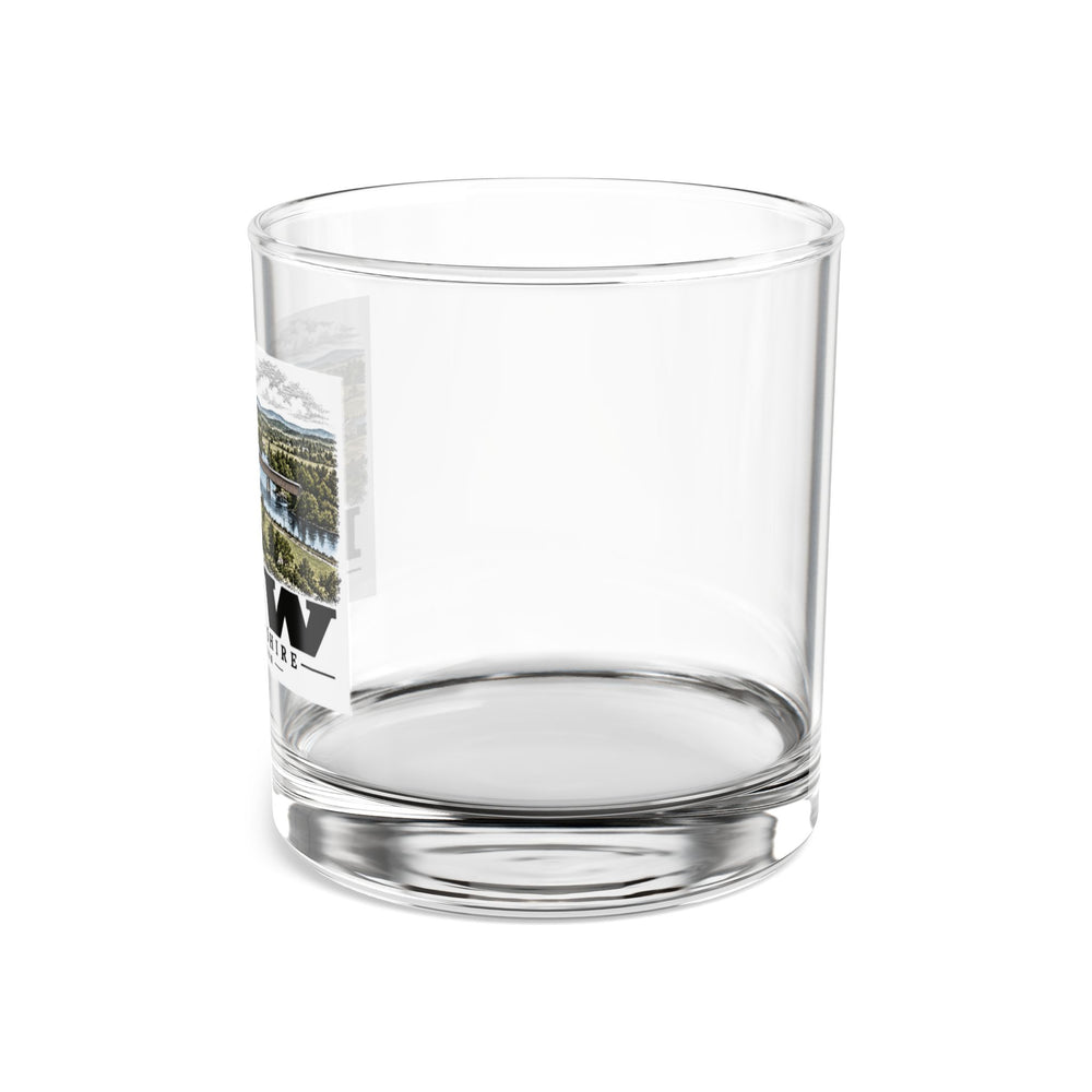Merrimack River and covered railroad bridge at Bow Junction, Bow illustration on 10 oz rocks glass — left side view