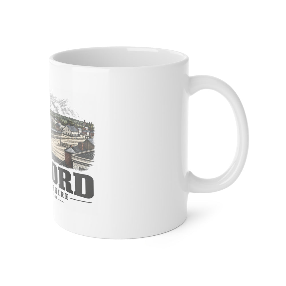 Right-handle side view of Railroad Square white ceramic mug, Concord, New Hampshire.