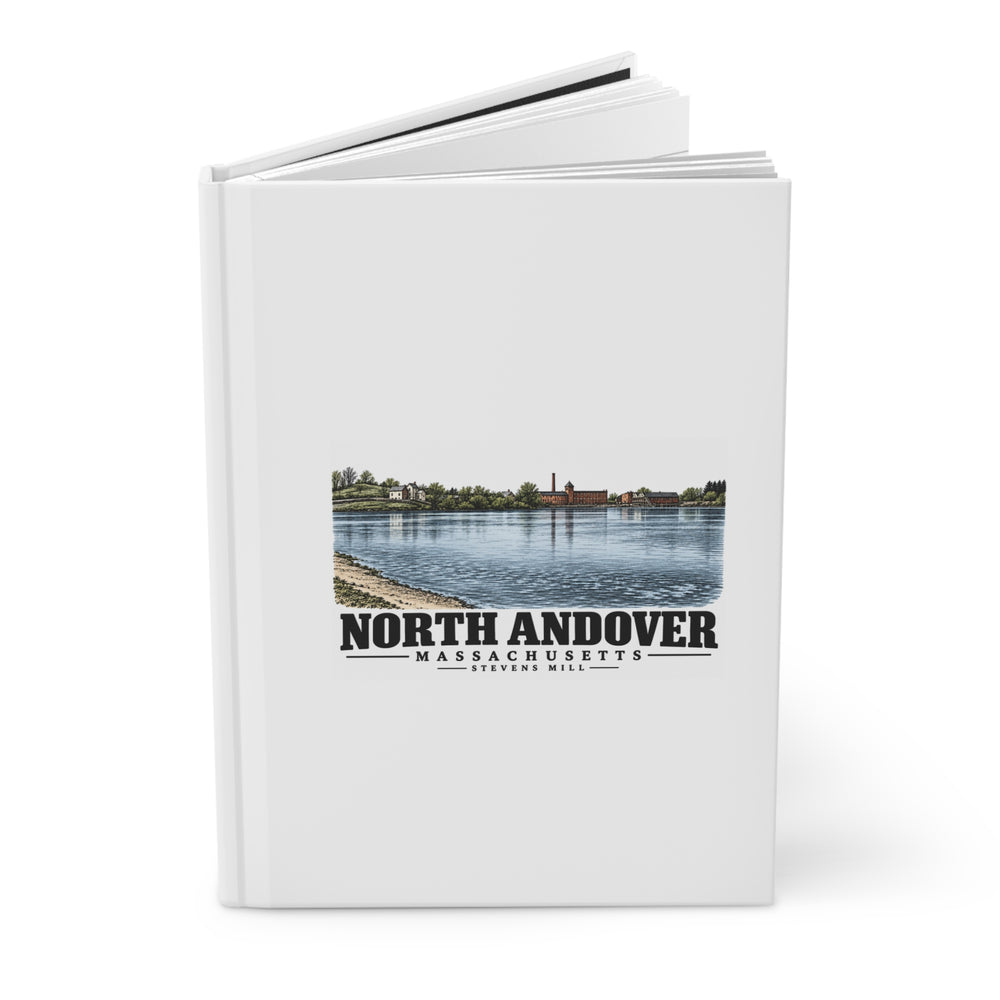 Angled front cover of Stevens Mill matte hardcover journal, with North Andover, Massachusetts artwork and lettering.