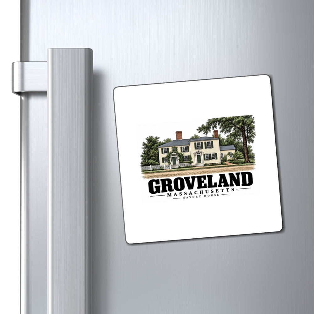 Refrigerator display of Savory House square magnet, with Groveland, Massachusetts artwork and lettering.