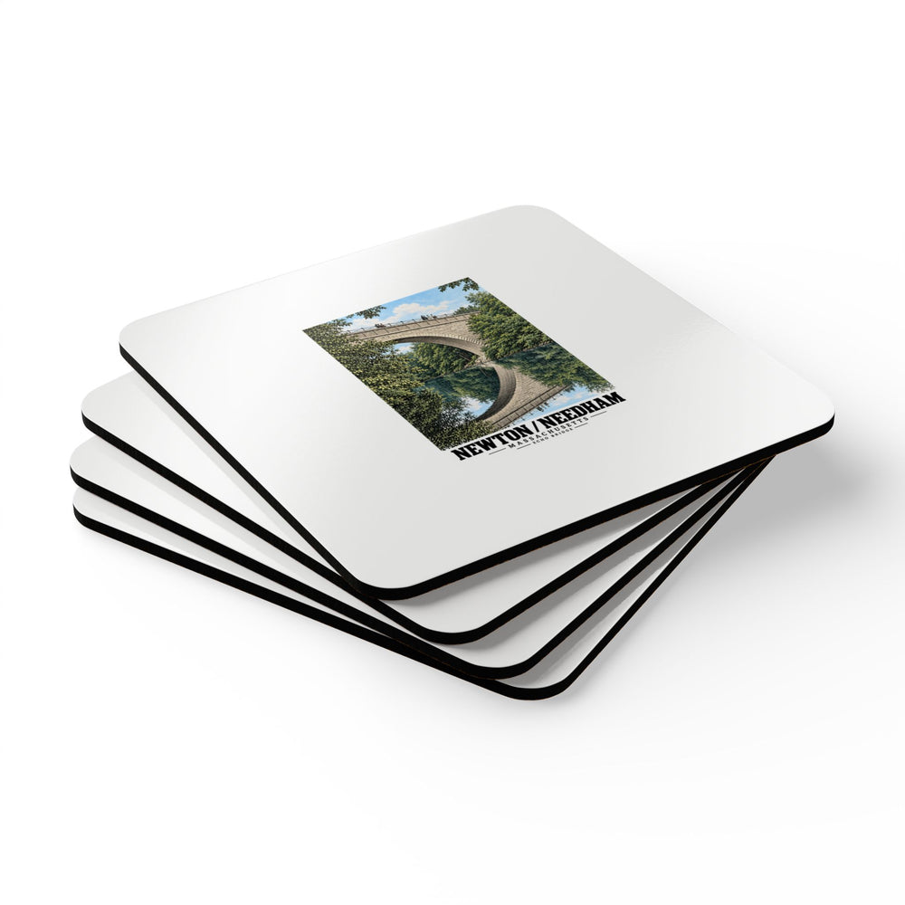 Stack of square coasters with Echo Bridge portrait artwork visible on the top coaster