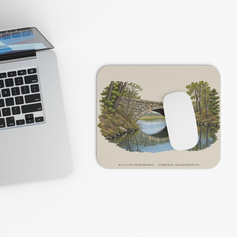 Uxbridge Rice City Pond Bridge mouse pad mockup showing the full illustrated print