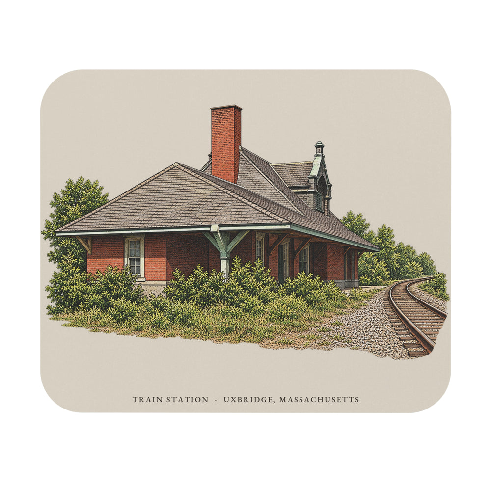 Uxbridge Train Station mouse pad mockup showing the full illustrated print