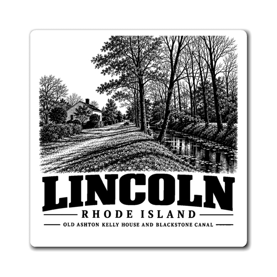Front view of a square magnet with black-and-white Lincoln, Rhode Island artwork of Old Ashton Kelly house and Blackstone Canal