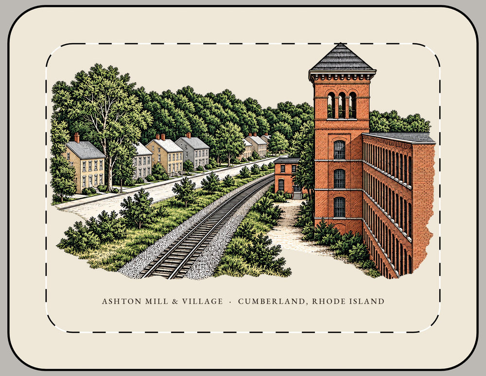 Cumberland Ashton Mill & Village 15-inch laptop sleeve mockup showing the full illustrated print