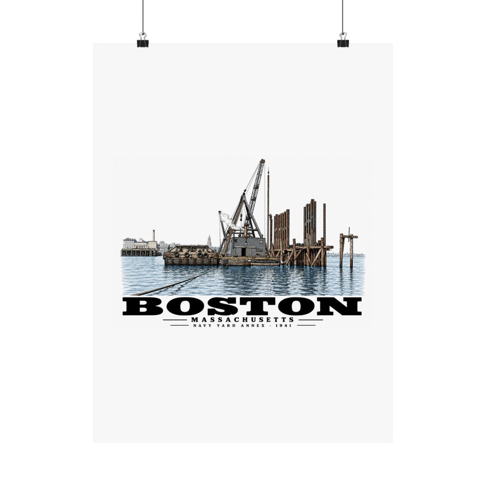 View from water of Navy Yard Annex/Dry Dock Matte Heritage Poster — 11 × 14 and 18 × 24 in - Boston Harbor