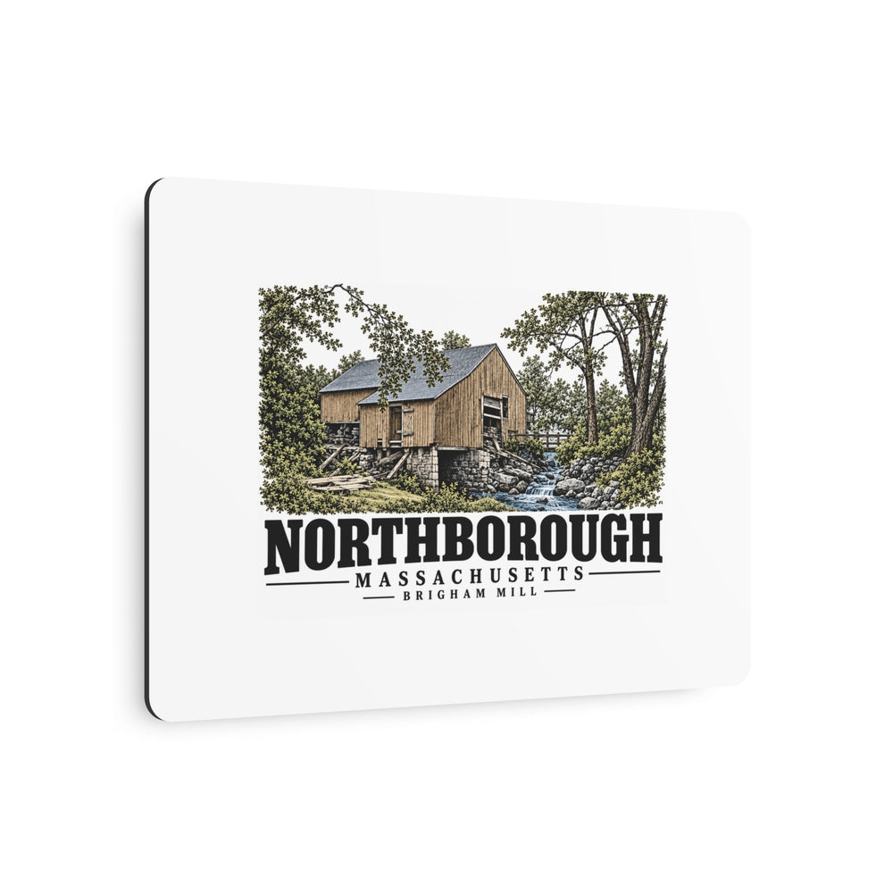 Illustrated Brigham Mill in Northborough on metal art sign