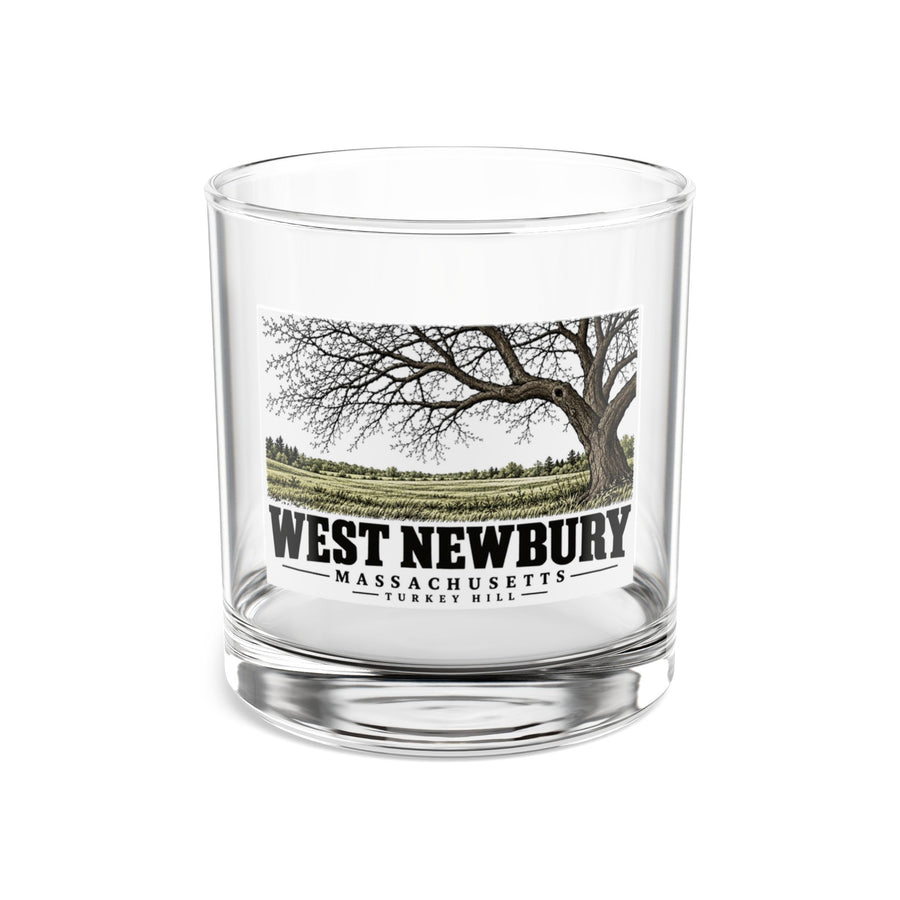 Front of Turkey Hill rocks glass, with West Newbury, Massachusetts artwork and lettering.