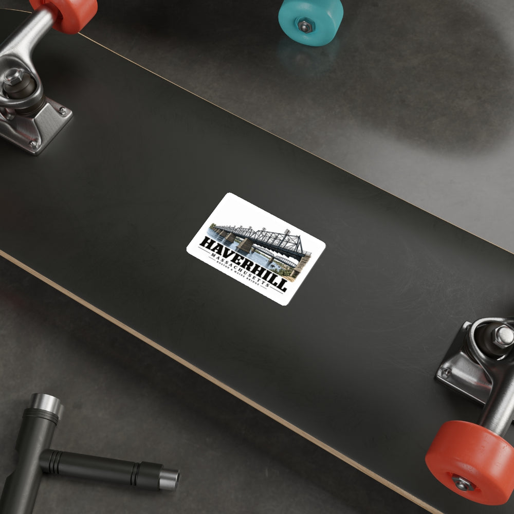 Skateboard display of Boston & Maine Bridge white die-cut sticker, with Haverhill, Massachusetts artwork and lettering.