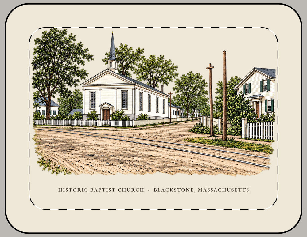 Blackstone Historic Baptist Church / Streetscape 15-inch laptop sleeve mockup showing the full illustrated print