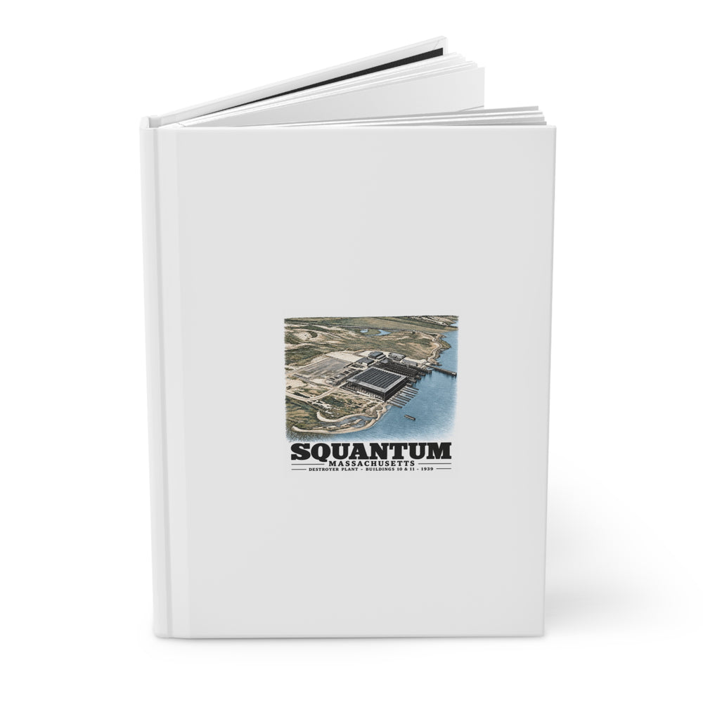 NRAB Squantum looking SWBldg # 10 & 11of former U.S. Destroyer Plant in center foreground Matte Hardcover Journal - Boston Harbor