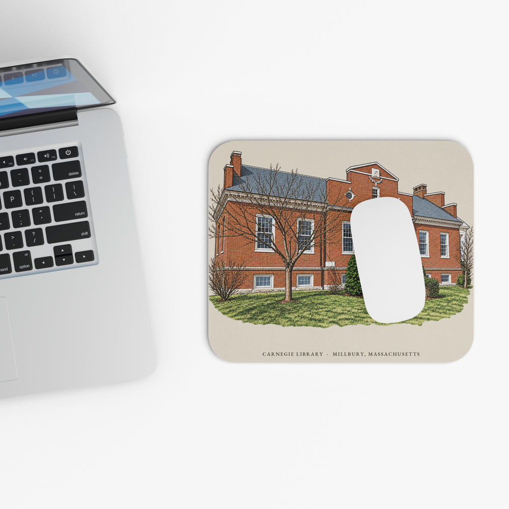 Millbury Carnegie Library mouse pad mockup showing the full illustrated print