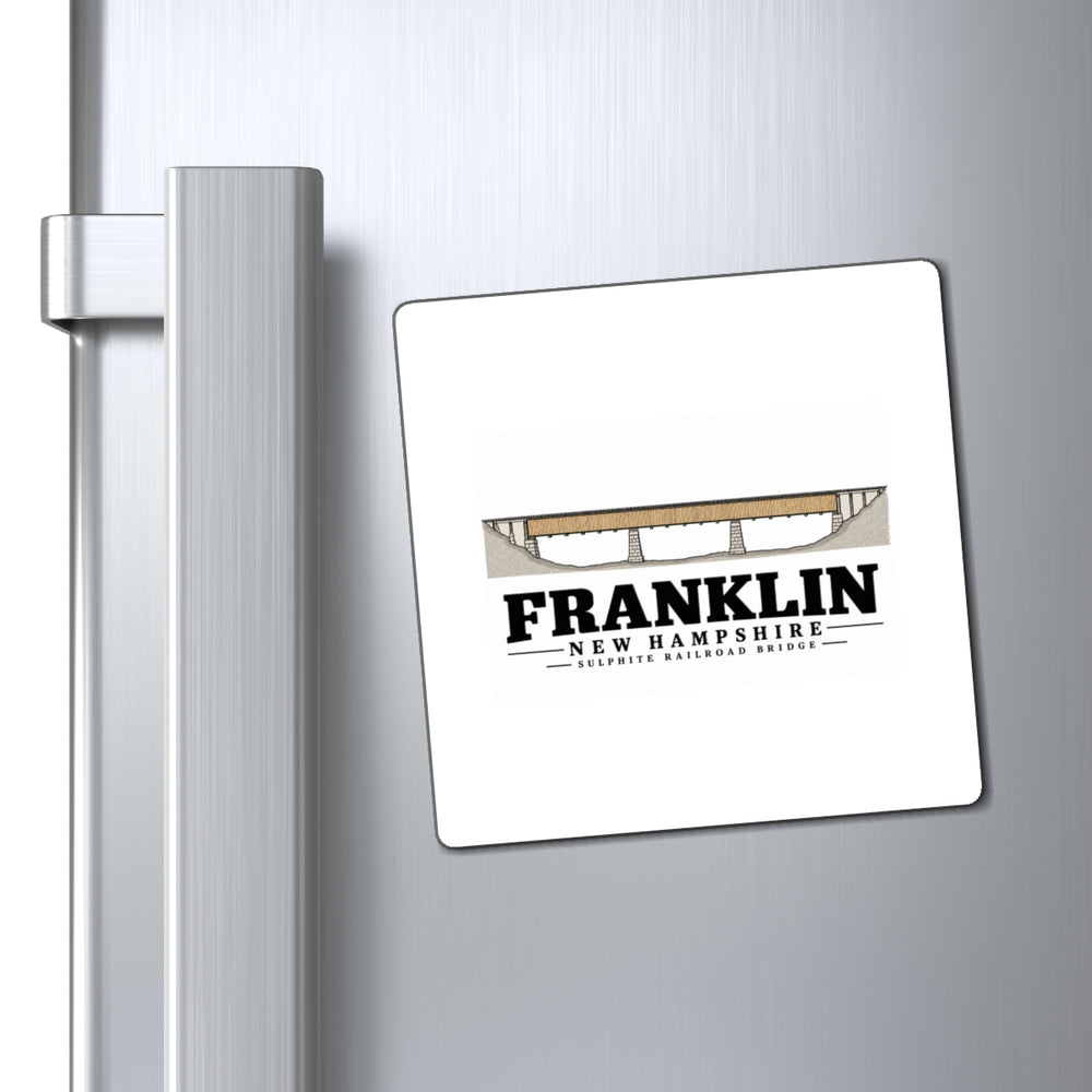 Refrigerator display of Sulphite Railroad Bridge square magnet, with Franklin, New Hampshire artwork and lettering.