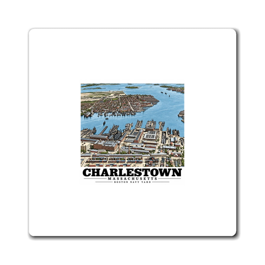 Illustrated Charlestown Navy Yard from the Harbor in Charlestown on square magnet