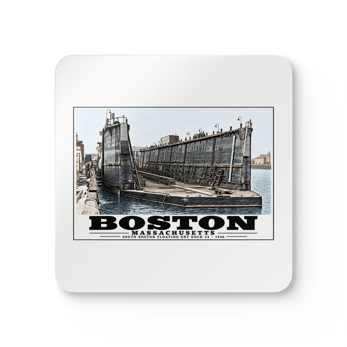 Floating dry dock #24 US Naval Dry Dock, South Boston Cork Back Coaster Set - Boston Harbor