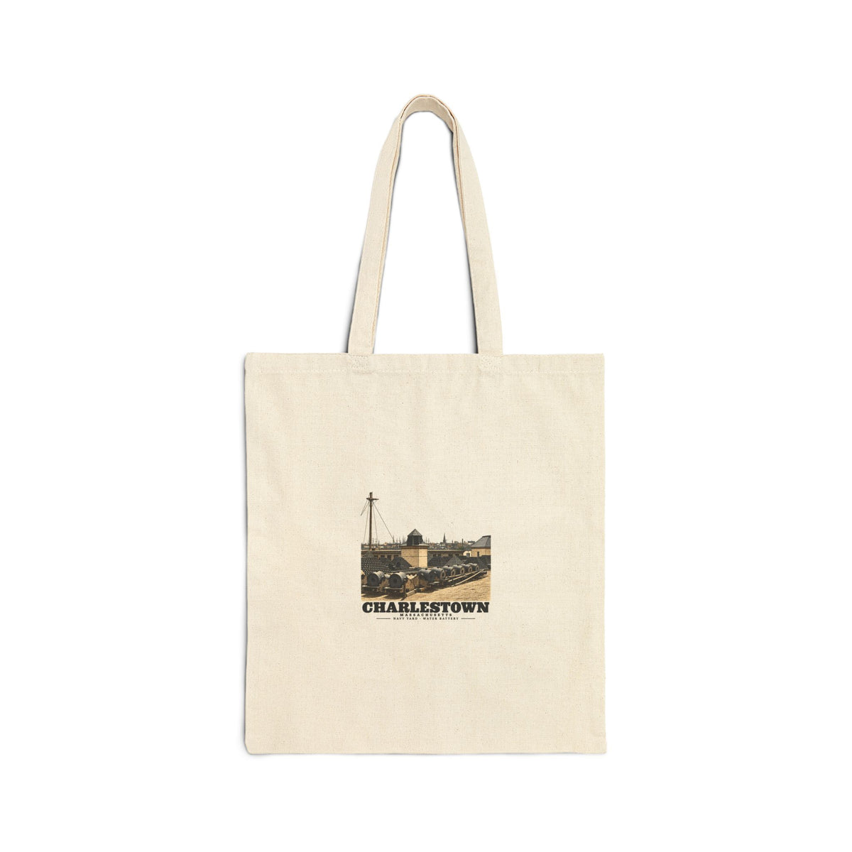 Front of natural cotton canvas tote with Water Battery and Charlestown artwork