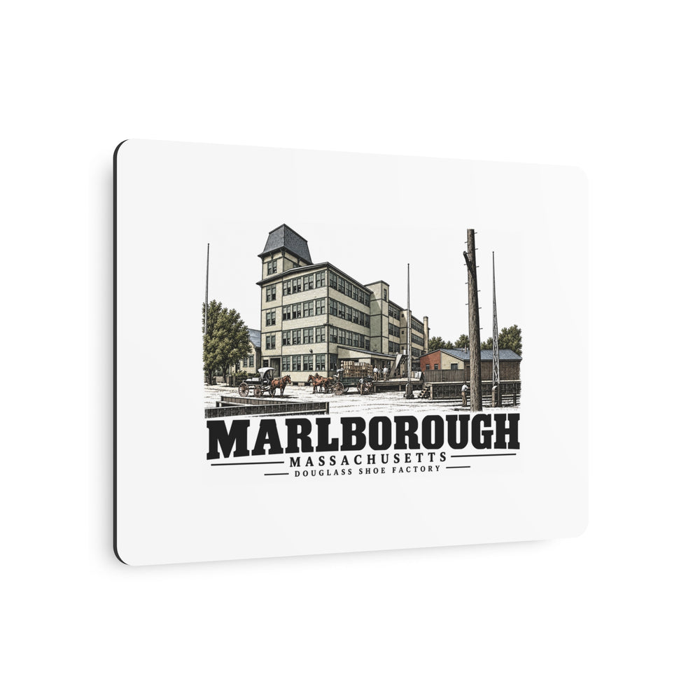 Illustrated Douglass Shoe Factory in Marlborough on metal art sign