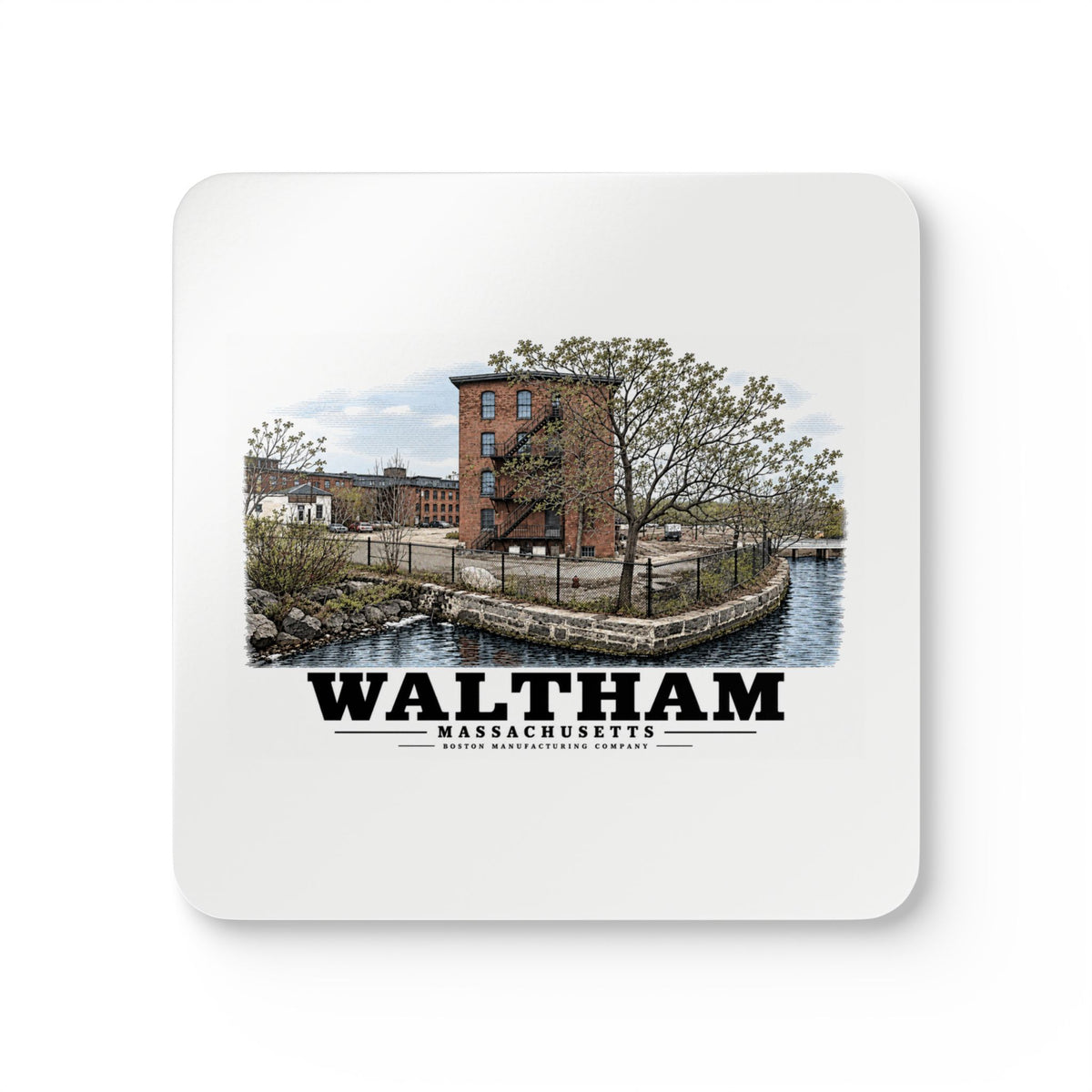 Illustrated Boston Manufacturing Company in Waltham on corkwood coaster set