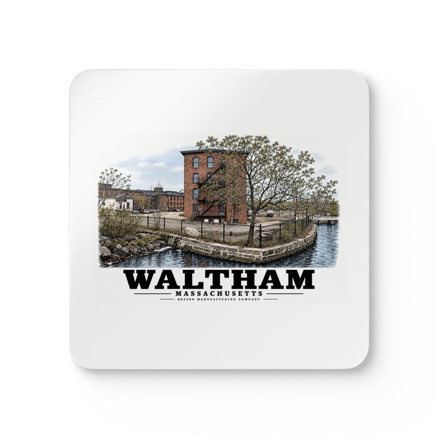 Illustrated Boston Manufacturing Company in Waltham on corkwood coaster set