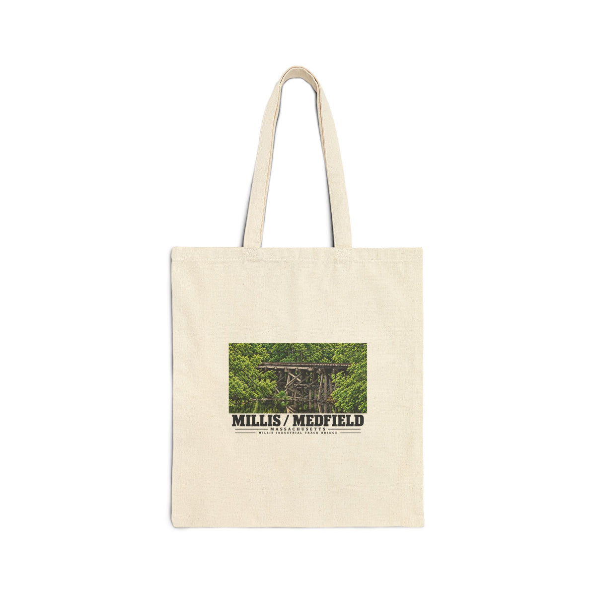 Natural fabric tote with Millis Industrial Track wooden railway trestle and green foliage artwork and Millis/Medfield lettering