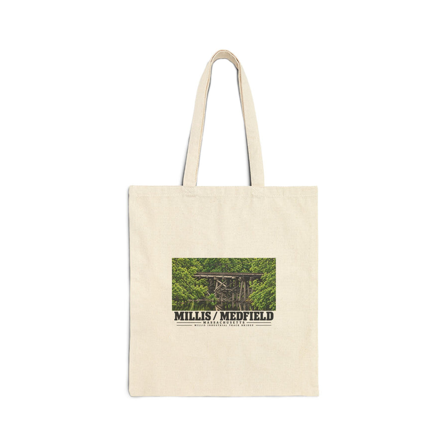 Natural fabric tote with Millis Industrial Track wooden railway trestle and green foliage artwork and Millis/Medfield lettering