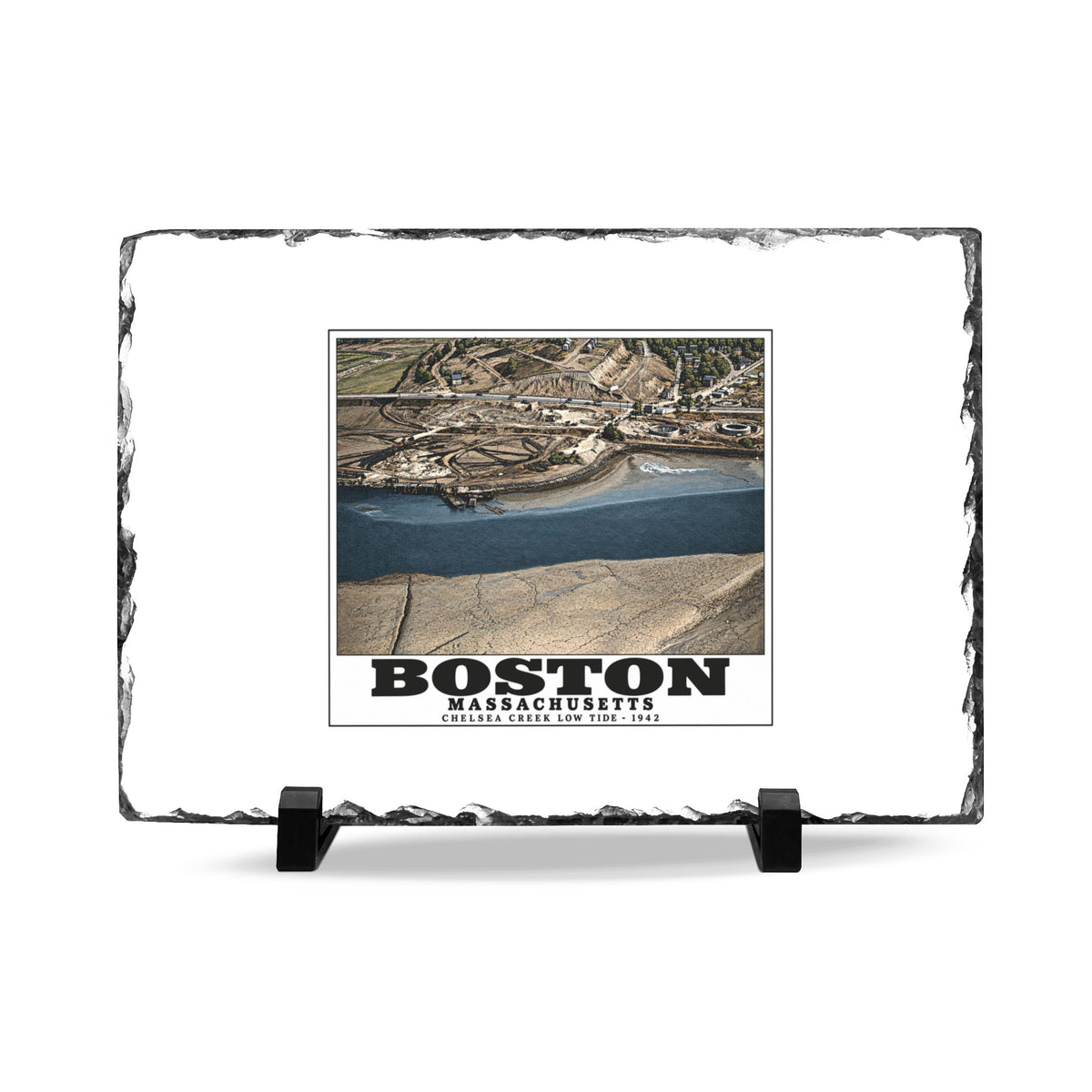 Shoreline, Chelsea Creek, East Boston, MA, Low Tide, Oil Storage 7 × 11 in Slate Desk Plaque - Boston Harbor