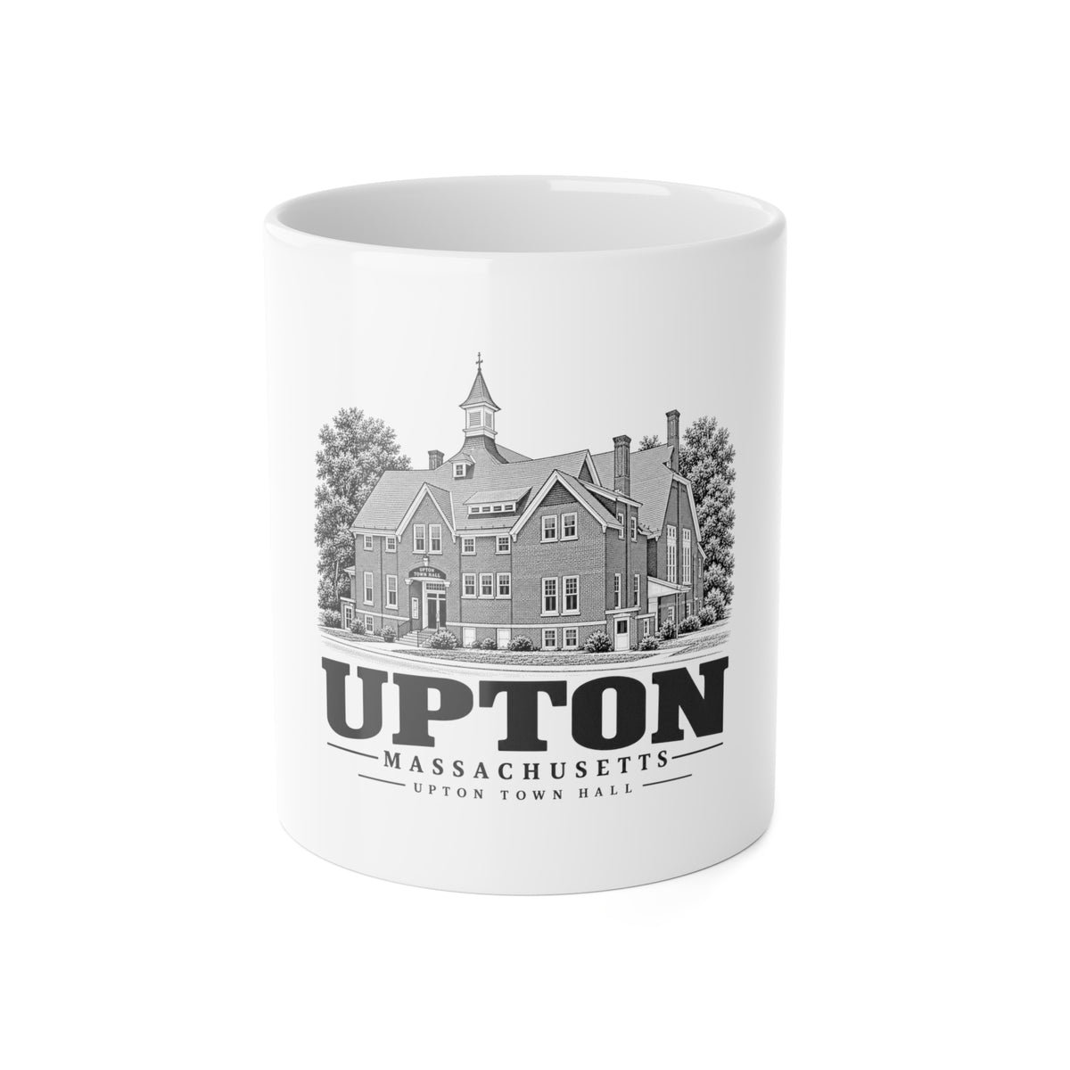 Upton Town Hall artwork on an 11 oz white ceramic mug, front view