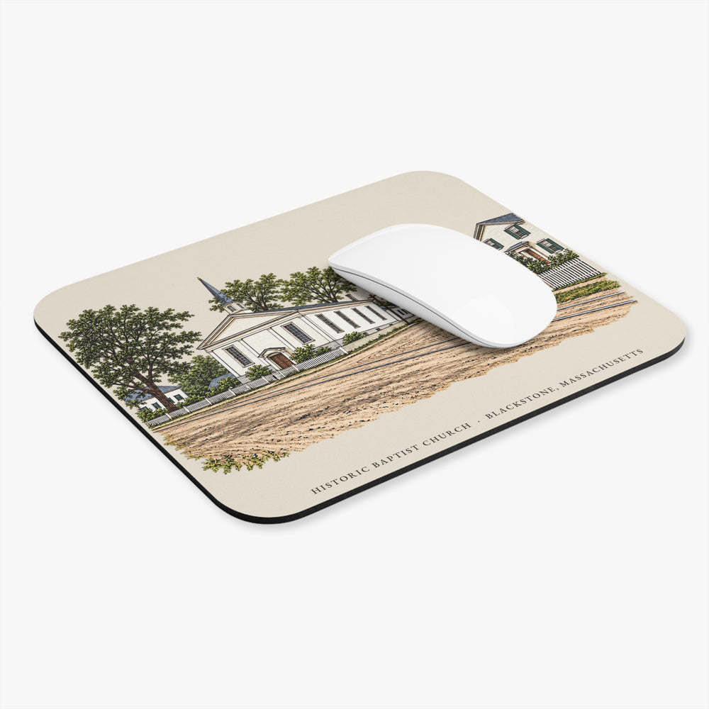 Blackstone Historic Baptist Church / Streetscape mouse pad mockup showing the full illustrated print