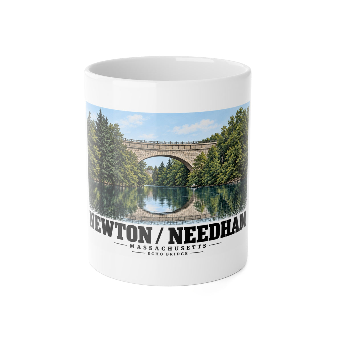 White mug showing Echo Bridge landscape artwork and Newton/Needham lettering