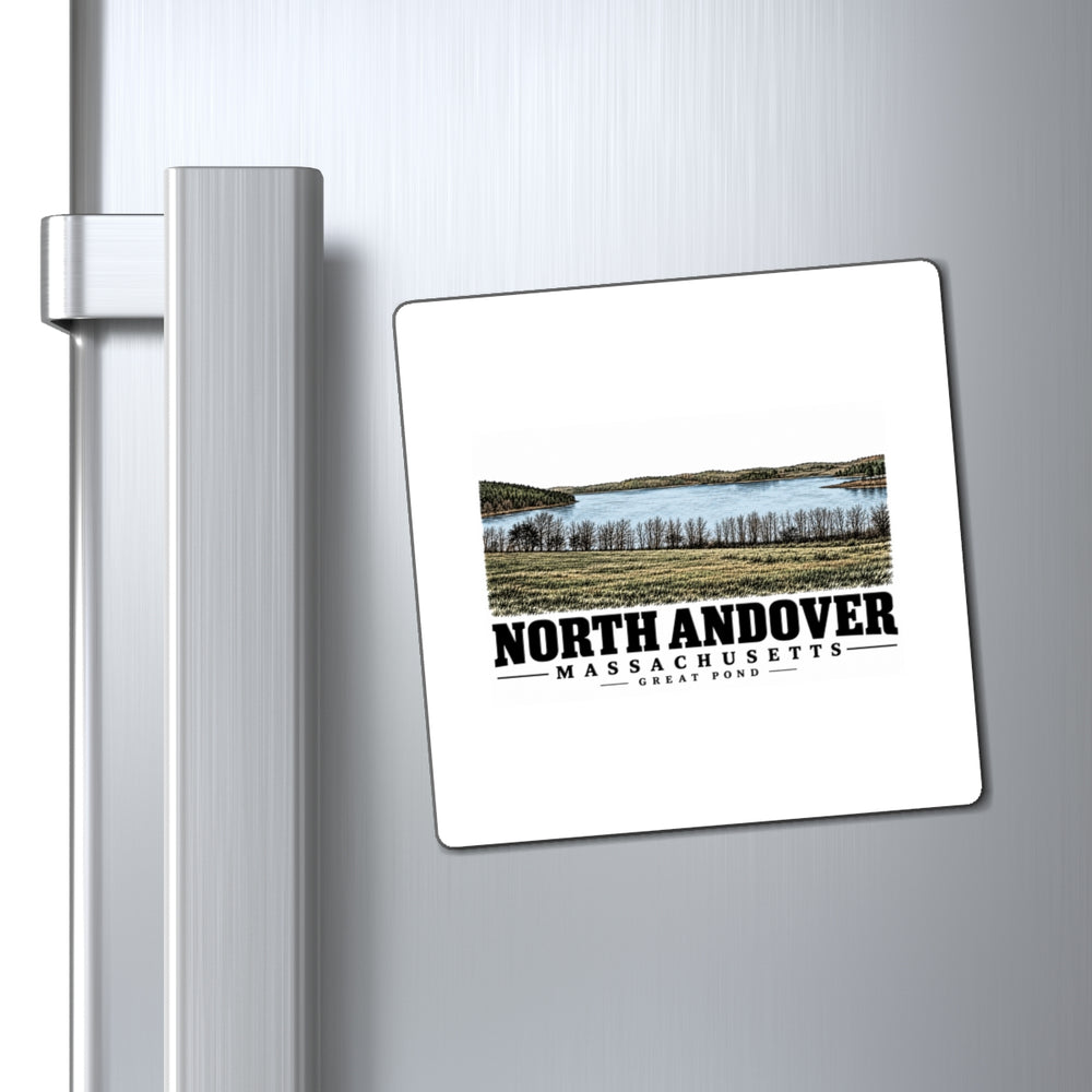 Refrigerator display of Great Pond square magnet, with North Andover, Massachusetts artwork and lettering.