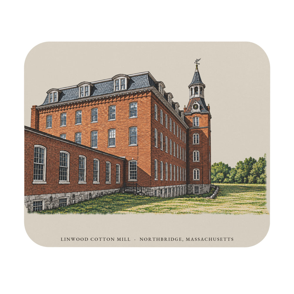 Northbridge Linwood Cotton Mill mouse pad mockup showing the full illustrated print