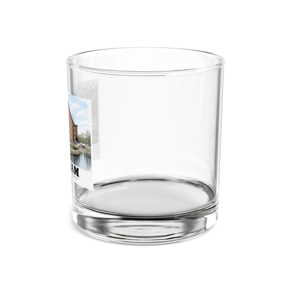 Illustrated Boston Manufacturing Company in Waltham on rocks glass