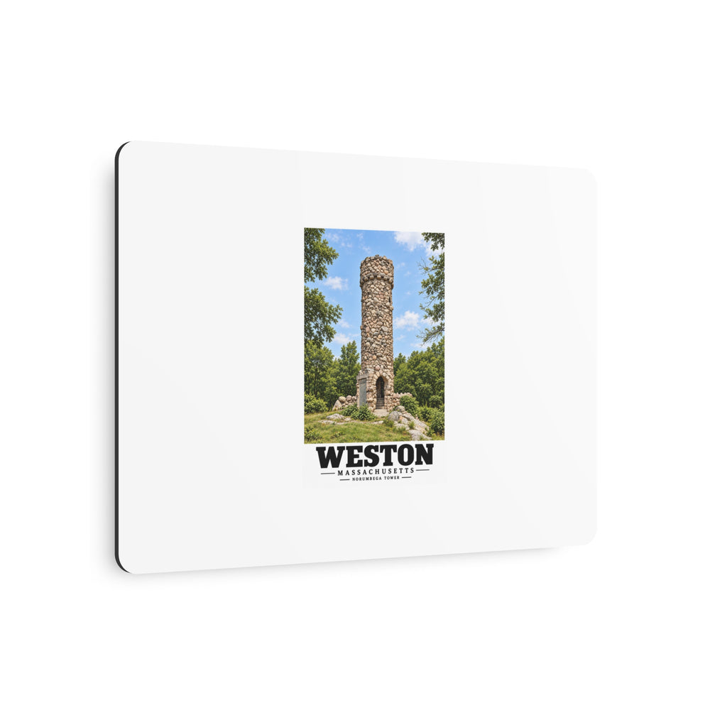 Illustrated Norumbega Tower in Weston on metal art sign