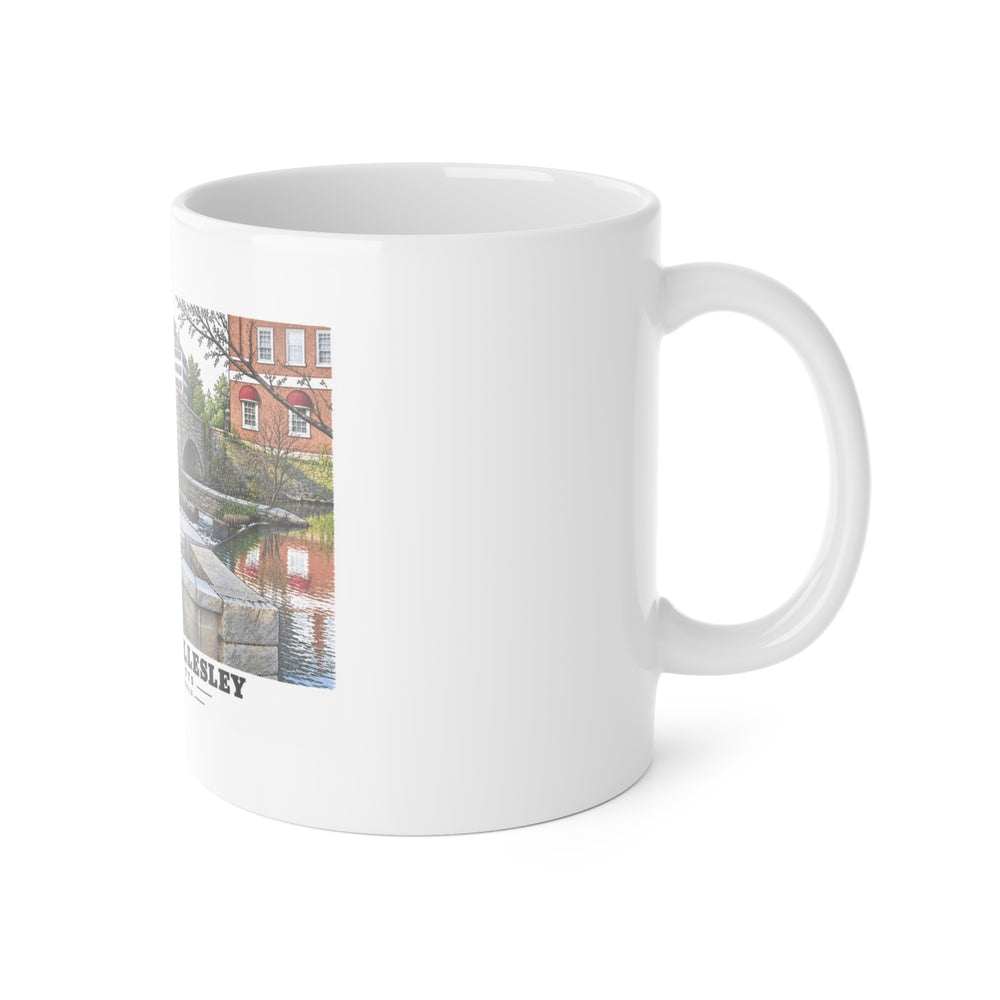 White mug with handle at right and part of the Finlay Dam stone arches and water print at left