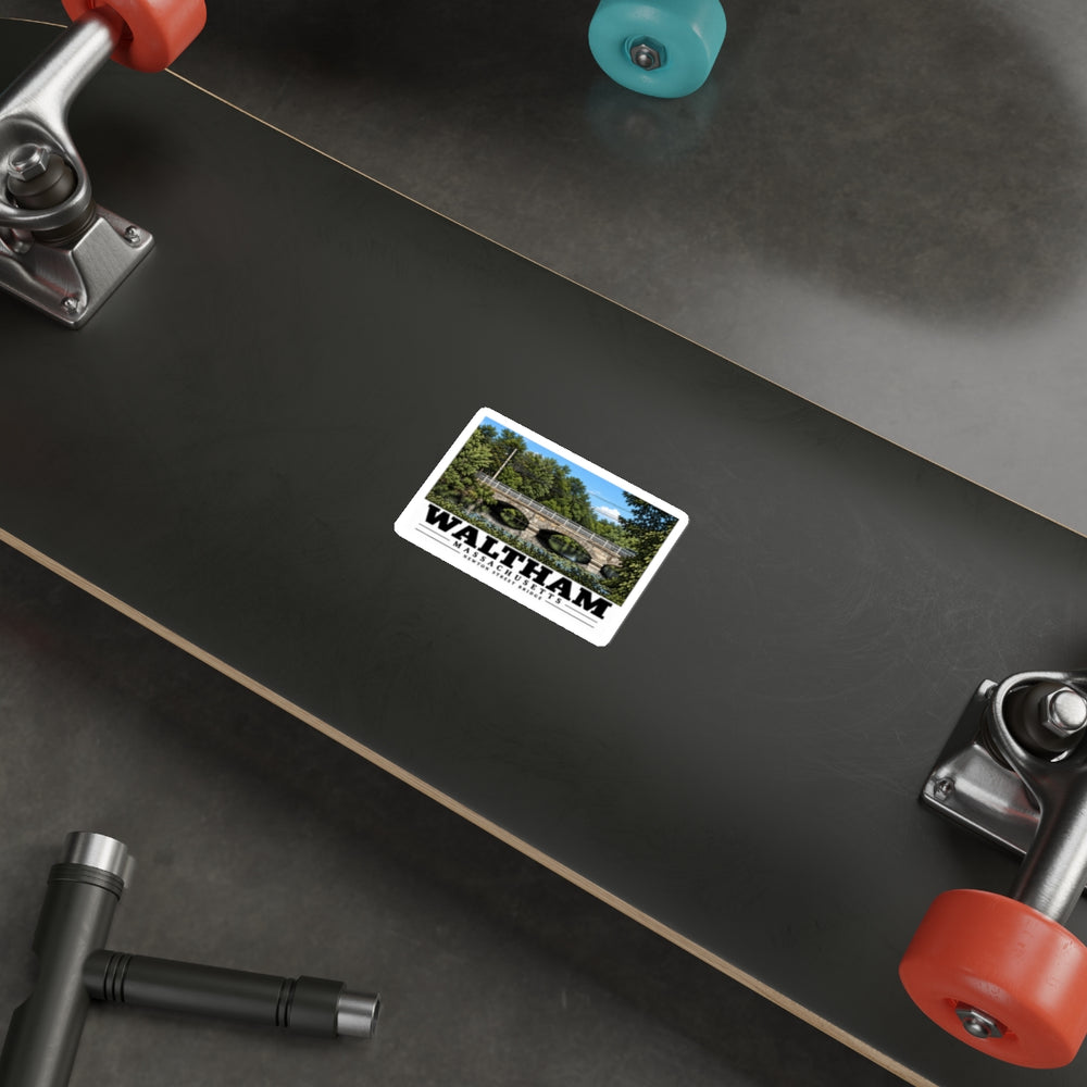 Illustrated Newton Street Bridge in Waltham on die-cut sticker