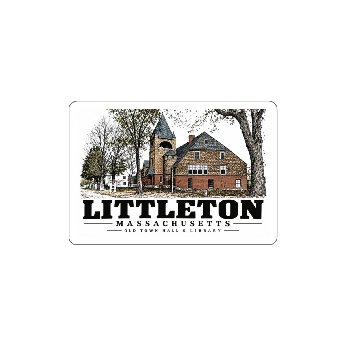 Illustrated Old Town Hall & Library in Littleton on die-cut sticker
