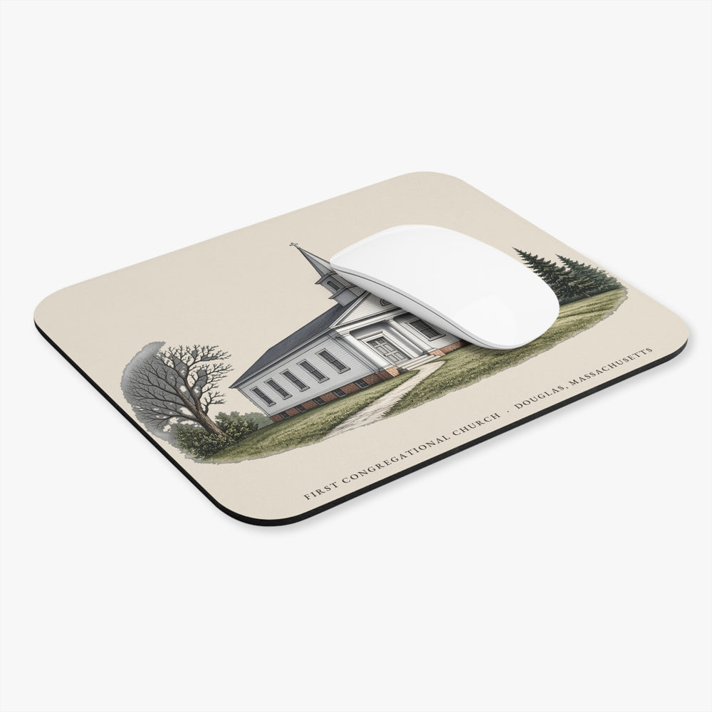 Douglas First Congregational Church mouse pad mockup showing the full illustrated print