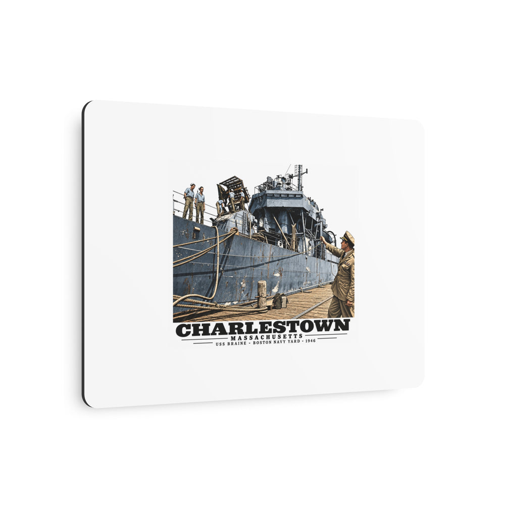 Illustrated USS Braine at Boston Navy Yard in Charlestown on metal art sign