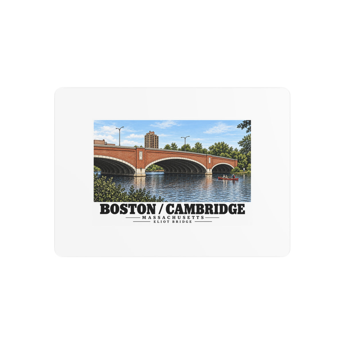 Metal wall print showing Eliot Bridge red brick arches and boats artwork and Boston/Cambridge lettering