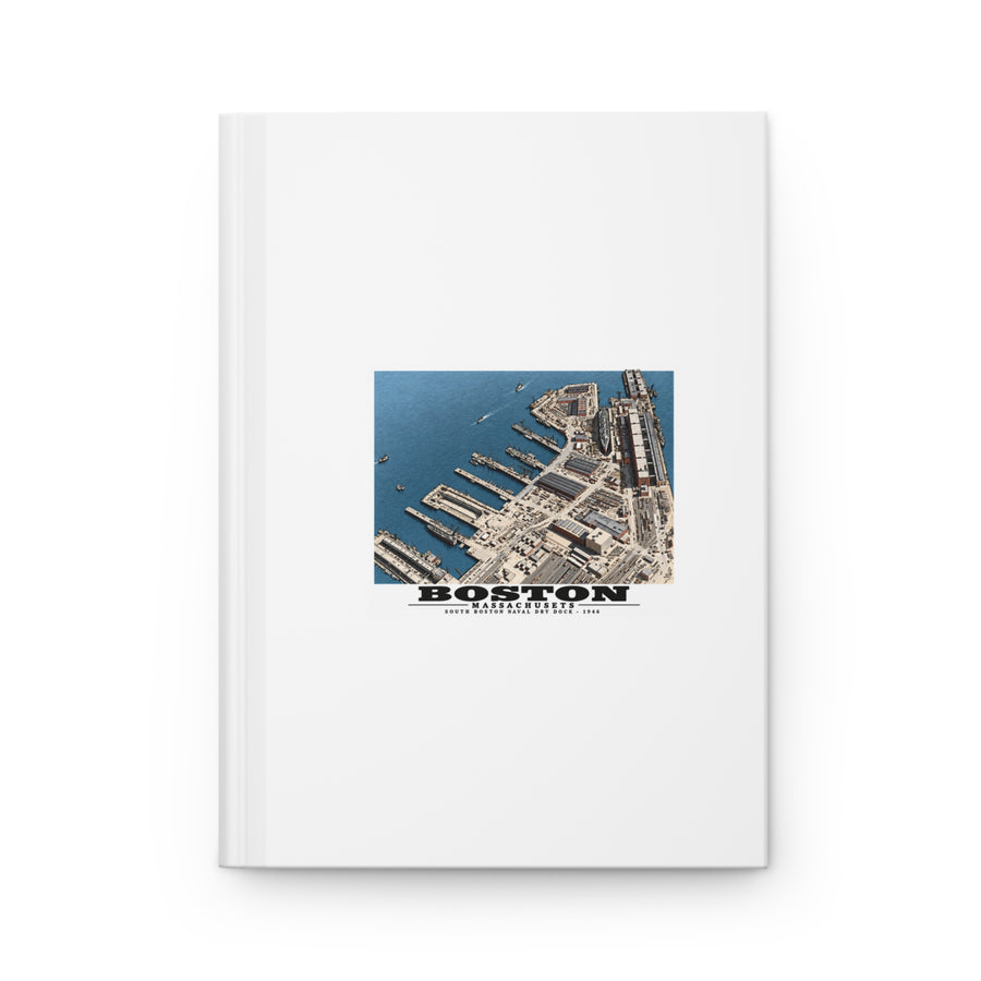 Aerial view of US Naval Dry Dock, South Boston showing development of facilities.  HMS QUEEN MARY in Dry Dock #3 Matte Hardcover Journal - Boston Harbor