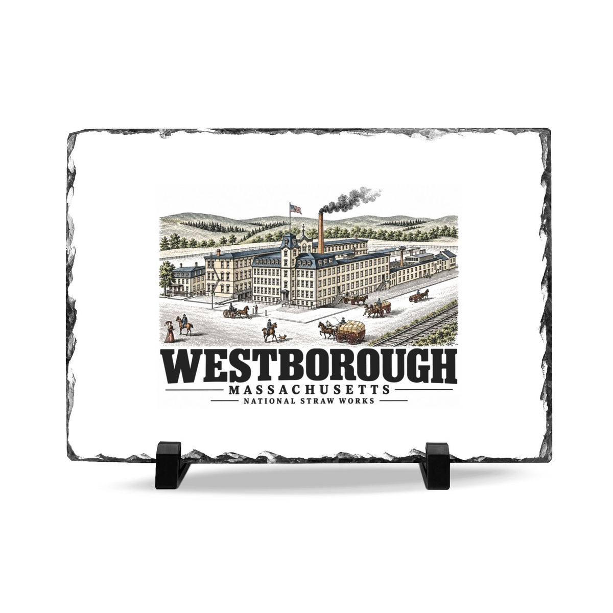Illustrated National Straw Works in Westborough on slate desk plaque