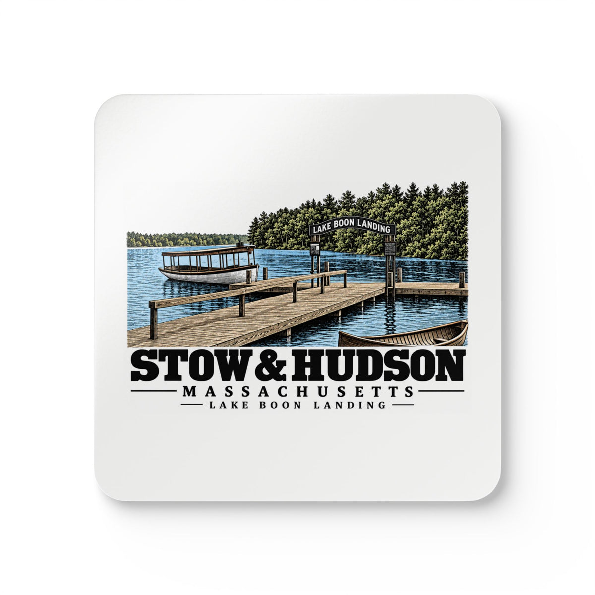 Illustrated Lake Boon Landing in Stow and Hudson on corkwood coaster set